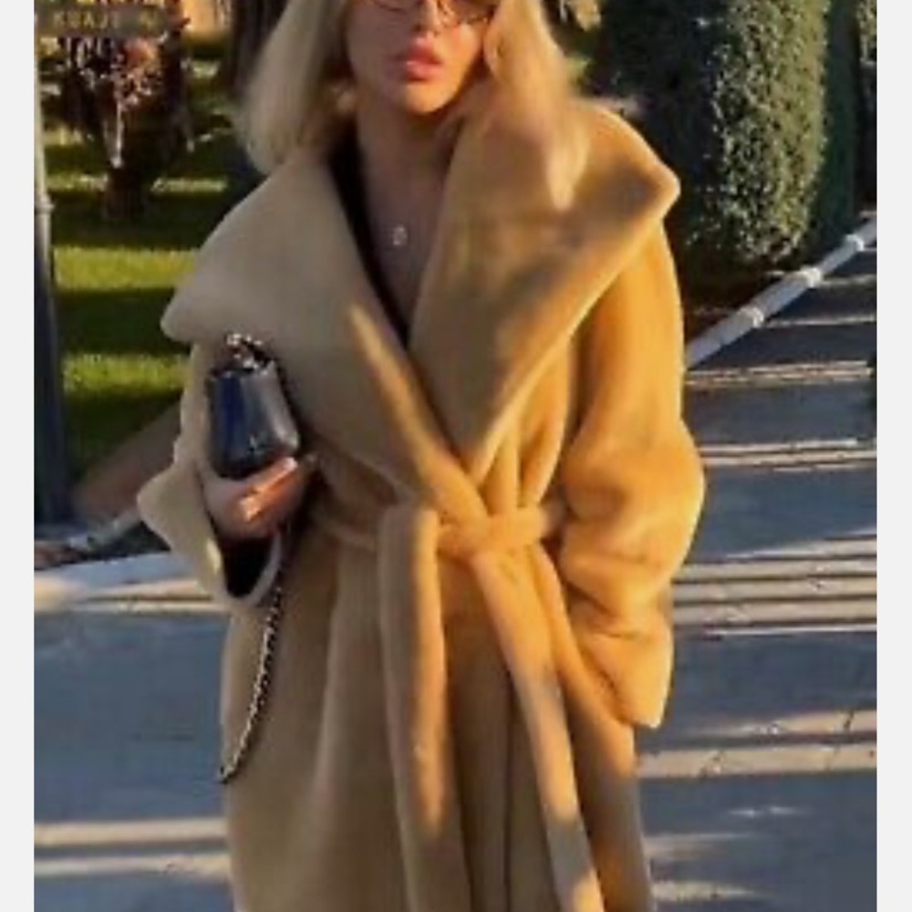 ZARA ZW COLLECTION BELTED FAUX FUR COAT